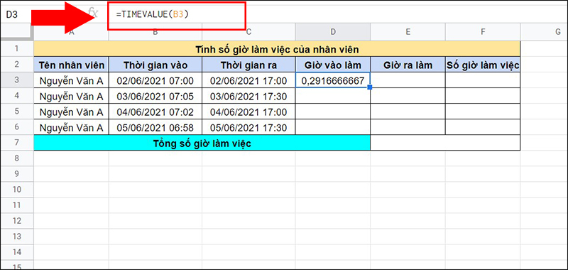 T&iacute;nh gi&aacute; trị tại cột Giờ v&agrave;o l&agrave;m